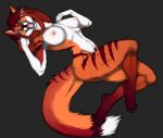  anthro breasts canid canine clothing dipstick_tail female footwear fox fur hair looking_at_viewer mammal multicolored_tail nipples open_mouth orange_body orange_fur pose red_body red_fur red_hair shapeshifterprincess solo stripes white_body white_fur 