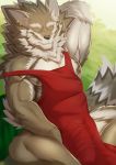  2020 absurd_res alternate_version_at_source anthro apron apron_only biceps black_nose bulge canid canine canis clothing ear_piercing eyes_closed fur fur_tuft genital_outline hand_behind_head hi_res jackal male mammal mostly_nude pecs penis_outline piercing red_apron ritorutaiga seth_(tas) solo teeth tokyo_afterschool_summoners tuft video_games 