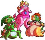  2016 alpha_channel anthro birdo blonde_hair blue_eyes bodily_fluids bowser breasts clothing collar egg female genitals green_body group hair horn jamsnjellies koopa link mario_bros nintendo open_mouth oviposition pink_body princess_peach pussy red_hair scalie simple_background sitting spiked_collar spikes standing tears the_legend_of_zelda torn_clothing transformation transparent_background video_games 