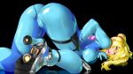  1girl all_fours ass black_background blonde_hair blue_bodysuit blue_eyes bodysuit breasts commentary_request from_behind impossible_bodysuit impossible_clothes large_breasts lips long_hair looking_at_viewer looking_back metroid paralyzer ponytail samus_aran shinobu_(tyno) shiny shiny_hair shiny_skin simple_background skin_tight solo super_smash_bros. zero_suit 