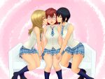  3girls absurdres black_footwear black_hair blonde_hair blue_eyes blue_legwear blue_neckwear blue_skirt blush cheek_kiss closed_eyes collared_shirt commission commissioner_upload highres kairi_(kingdom_hearts) kingdom_hearts kiss kneehighs legs long_hair m-a-v-e-r-i-c-k multiple_girls namine necktie non-web_source panties pantyshot pantyshot_(sitting) plaid plaid_neckwear plaid_skirt pleated_skirt red_hair sandwiched school_uniform shirt shoes short_hair short_sleeves sitting skirt socks underwear white_panties white_shirt xion_(kingdom_hearts) yuri 