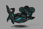  alien arm_cannon bioluminescence butt carapace crossed_legs dark_samus female floating glowing grey_background humanoid metroid metroid_(species) nintendo rear_view simple_background solo unknown_artist video_games 