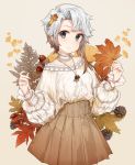  1girl acorn akishimo_(kantai_collection) alternate_costume bangs bare_shoulders blush brown_hair brown_skirt casual choker closed_mouth collarbone commentary_request eyebrows_visible_through_hair ginkgo_leaf gradient_hair grey_eyes highres holding holding_leaf jewelry kantai_collection leaf long_sleeves looking_at_viewer malachite maple_leaf multicolored_hair necklace pendant pinecone pleated_skirt puffy_long_sleeves puffy_sleeves shoes short_hair_with_long_locks silver_hair single_shoe skirt smile solo sweater symbol_commentary white_choker white_sweater 