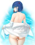  1girl ass blue_hair blush breasts choker from_behind highres looking_at_viewer looking_back mistrie mole mole_under_eye naked_shirt original red_eyes shirt short_hair smile solo undressing 