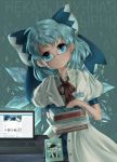  1girl absurdres angry blue_eyes blue_hair blue_ribbon book cirno coat glasses highres ice ice_wings long_hair looking_at_viewer neck_ribbon notebook ribbon simple_background touhou wings yuuren_kyouko 