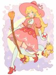  1girl alternate_costume blonde_hair blue_eyes brooch broom commentary crescent cross-laced_clothes dress earrings elbow_gloves full_body gloves hat high_heels highres holding jewelry jivke koopa_paratroopa lips long_hair looking_at_viewer mario_(series) mushroom pink_dress pink_headwear princess_peach puffy_short_sleeves puffy_sleeves red_footwear shoes short_sleeves signature star thighhighs white_gloves white_legwear witch witch_hat yoshi 