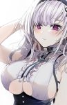  1girl anchor arm_up azur_lane bangs bare_shoulders black_hairband blush breasts center_frills corset dido_(azur_lane) eyebrows_visible_through_hair frilled_shirt frills hairband hand_in_hair large_breasts long_hair looking_at_viewer parted_lips purple_eyes shirt silver_hair sleeveless sleeveless_shirt solo sweat underboob underboob_cutout upper_body xretakex 