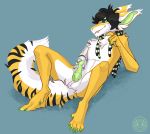  anthro black_stripes claws erection fur genitals green_claws green_penis hair male mammal penis shiro-daemon simple_background snout solo striped_tail stripes touching_self unknown_species white_body white_fur yellow_body 