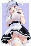  1girl :o ? apron azur_lane bangs black_hairband black_skirt blunt_bangs blush border bracelet breasts center_opening chigusa_minori commentary_request dido_(azur_lane) frilled_skirt frills from_below hairband hands_on_own_chest jewelry large_breasts looking_at_viewer maid motion_lines open_mouth outside_border panties pantyshot pantyshot_(standing) purple_background purple_eyes shirt short_hair silver_hair simple_background skirt sleeveless sleeveless_shirt solo standing thighhighs translation_request underboob underboob_cutout underwear upskirt waist_apron white_apron white_border white_legwear white_panties white_shirt 