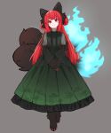  1girl absurdres alternate_hairstyle animal_ears animal_feet animal_hands blue_fire cat_ears cat_paws cat_tail claws dress egret fire flower fluffy green_dress highres kaenbyou_rin long_hair multiple_tails nekomata one-hour_drawing_challenge red_eyes red_hair simple_background slit_pupils smile solo speedpaint spider_lily standing subterranean_animism tail touhou translucent 