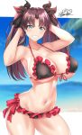  1girl absurdres armpits arms_behind_head arms_up bangs bare_shoulders beach bikini black_bikini black_bow blue_eyes blue_sky blurry blurry_background blush bow breasts brown_hair cleavage collarbone fate/stay_night fate_(series) frilled_bikini frills grin hair_bow highres large_breasts long_hair looking_at_viewer navel nez-kun ocean parted_bangs sky smile solo swimsuit thighs toosaka_rin twintails 