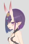  1girl bangs bare_shoulders blush bob_cut breasts collarbone coyomin eyeliner fang fate/grand_order fate_(series) grey_background headpiece highres horns looking_at_viewer makeup oni oni_horns open_mouth pointy_ears purple_eyes purple_hair revealing_clothes short_eyebrows short_hair shuten_douji_(fate/grand_order) simple_background skin-covered_horns small_breasts smile solo upper_body 