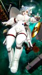  1girl blue_hair eyelashes floating floating_hair floating_object gloves highres hiragana_(gomasyabu) looking_at_viewer open_mouth original short_hair solo space space_station spacesuit star star-shaped_pupils symbol-shaped_pupils white_gloves yellow_eyes 