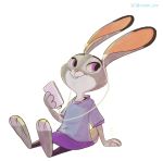  2019 barefoot buckteeth clothed clothing crayonbot dipstick_ears disney earbuds fully_clothed fur grey_body grey_fur headphones holding_object judy_hopps lagomorph leporid mammal multicolored_ears purple_eyes rabbit shirt simple_background sitting smile teeth topwear white_background zootopia 