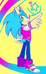  2015 alternate_costume anthro blue_body blue_fur bottomwear clothing eulipotyphlan footwear fur gesture green_eyes hedgehog hi_res jacket jeans male mammal pants pink_clothing pink_topwear pointing shoes simple_background smile solo sonic_the_hedgehog sonic_the_hedgehog_(series) spacecolonie standing star topwear varsity_jacket yellow_background 