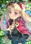  1girl animal bangs black_dress blonde_hair blurry blurry_background blush bow breasts bug butterfly cape closed_mouth commentary_request detached_sleeves dress earrings ereshkigal_(fate/grand_order) eyebrows_visible_through_hair fate/grand_order fate_(series) hair_bow infinity insect jewelry long_hair long_sleeves looking_at_viewer medium_breasts mishiro0229 parted_bangs red_bow red_cape red_eyes skull smile solo spine tiara two_side_up upper_body very_long_hair 