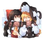 2girls :d ^_^ ascot bangs black_gloves black_hair black_headwear blonde_hair blush bow brown_eyes brown_scarf cheunes closed_eyes commentary cropped_torso detached_sleeves eyebrows_visible_through_hair frilled_bow frills gloves hair_between_eyes hair_bow hair_tubes hakurei_reimu hands_up hat hat_bow kirisame_marisa long_hair long_sleeves looking_at_another multiple_girls open_mouth puffy_sleeves red_bow scarf shared_scarf sidelocks smile touhou upper_body very_long_hair white_background white_bow witch_hat yellow_neckwear 
