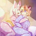  &lt;3 1:1 absurd_res anthro bed blonde_hair blush breasts butt canid canine clothed clothing cuddling duo felid female female/female fluffy fox fully_clothed fur furniture hair heart_pattern hi_res hug hugging_from_behind inside interspecies kemono light lying mammal on_bed on_side pajamas pantherine ponytail purple_eyes red_eyes shy smile stripes sunbeam sunlight tiger white_body white_fur white_hair whooo-ya yellow_body yellow_fur 