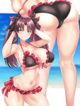  1girl absurdres arched_back armpits arms_behind_head arms_up ass bangs bare_shoulders beach bikini black_bikini black_bow blue_eyes blue_sky blurry blurry_background blush bow breasts brown_hair cleavage collarbone fate/stay_night fate_(series) frilled_bikini frills grin hair_bow highres huge_filesize large_breasts legs long_hair looking_at_viewer multiple_views navel nez-kun ocean parted_bangs sideboob sky smile swimsuit thighs toosaka_rin twintails 