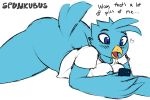  &lt;3 2019 anthro avian beak bird blue_body blue_eyes blue_feathers blush bottomless breasts butt clothed clothing dialogue english_text feathers female hi_res meme non-mammal_breasts open_mouth phone simple_background solo spunkubus text tweetfur twitter white_background yellow_beak 