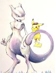  absurdres brown_eyes chikori_no_happa commentary_request creature detective_pikachu detective_pikachu_(character) detective_pikachu_(movie) feet_out_of_frame gen_1_pokemon highres legendary_pokemon looking_at_another mewtwo no_humans pikachu pokemon pokemon_(creature) purple_eyes smile standing 