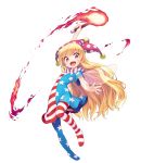  american_flag_dress american_flag_legwear arm_up blonde_hair clownpiece commentary_request dress fairy_wings fire full_body hat highres holding holding_torch jester_cap long_hair looking_at_viewer neck_ruff no_shoes open_mouth outstretched_arm pantyhose pink_eyes pink_headwear polka_dot short_dress short_sleeves smile star star_print striped tamanaga_haru torch touhou transparent_background transparent_wings very_long_hair wings 