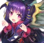  1girl black_dress blush claw_pose dragon_girl dragon_wings dress eyebrows_visible_through_hair fang fire_emblem fire_emblem:_the_sacred_stones fire_emblem_heroes fur_trim hair_between_eyes hair_ribbon hairband halloween_costume hands_up highres long_hair long_sleeves looking_at_viewer manakete myrrh_(fire_emblem) open_mouth purple_eyes purple_hair revision ribbon simple_background solo topia twintails upper_body white_background wings yellow_ribbon 