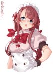  1girl alternate_costume blue_eyes blush bow ebifurya enmaided gloves hair_ribbon hand_on_hip highres kantai_collection kawakaze_(kantai_collection) long_hair low_twintails maid maid_headdress open_mouth puffy_short_sleeves puffy_sleeves red_bow red_hair red_ribbon ribbon short_sleeves sidelocks simple_background solo twintails twitter_username white_background white_gloves 