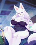  absurd_res alcohol anthro beverage big_breasts blue_eyes blush bracelet breasts butt canid canine chest_tuft clothed clothing cocktail curvy_figure dress female fox fur gem hair hi_res inside jewelry kemono long_hair looking_at_viewer low-angle_view mammal martini mature_female necklace nipple_outline pearl_(gem) ring sitting skimpy smile solo tuft voluptuous white_body white_fur white_hair whooo-ya wide_hips 