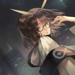  absurdres adjusting_eyewear arknights armband bob_cut brown_hair cityscape eyelashes feathers glasses hair_blowing high_collar highres hood hoodie looking_at_viewer night night_sky pale_skin rhine_lab_logo silence_(arknights) sky xxx_sherry yellow_eyes 