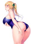  1girl arm_under_breasts ass back blonde_hair blush breasts commentary_request competition_school_swimsuit cowboy_shot eyebrows_visible_through_hair green_ribbon highres huge_breasts kneepits long_hair looking_at_viewer looking_back one-piece_swimsuit open_mouth original plump red_eyes ribbon simple_background skindentation solo standing sweatdrop swimsuit thighs tsukumiya_amane twintails white_background 