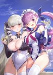  2girls :o ;d absurdres adapted_costume alcohol azur_lane bangs bare_shoulders blush braid breasts cleavage crystal_shoujo cup cupping_glass drinking_glass elbow_gloves eyebrows_visible_through_hair formidable_(azur_lane) frills gloves groin hair_ribbon highres holding holding_cup hololive large_breasts long_hair long_sleeves looking_at_viewer minato_aqua multicolored_hair multiple_girls one-piece_swimsuit one_eye_closed open_mouth parted_lips purple_eyes purple_hair red_eyes ribbon smile swimsuit thighhighs twintails two-tone_hair two-tone_ribbon very_long_hair virtual_youtuber white_gloves white_legwear 