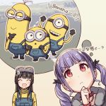  &gt;:( 2girls :d ^_^ ayasaka bang_dream! bangs black_gloves black_hair bracelet chain choker closed_eyes cosplay despicable_me english_commentary fur_trim gloves goggles goggles_on_head hand_on_own_chin imagining jewelry long_hair minion_(despicable_me) minion_(despicable_me)_(cosplay) multiple_girls open_mouth overalls purple_hair red_choker red_eyes road shirokane_rinko shirt smile spiked_bracelet spiked_choker spikes sweatdrop tan_background thinking translation_request turtleneck twintails udagawa_ako yellow_shirt 