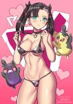  1girl aqua_eyes asymmetrical_bangs asymmetrical_hair bangs bikini black_bikini black_hair blush breasts choker collarbone commentary_request earrings eyebrows_visible_through_hair gen_8_pokemon giovanni_zaccaria hair_ribbon heart heart_print jewelry large_breasts long_hair looking_at_viewer mary_(pokemon) morpeko navel pokemon pokemon_(game) pokemon_swsh red_ribbon ribbon swimsuit twintails 