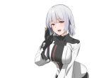  anthropomorphism bishi blush breasts fang girls_frontline gloves gray_hair purple_eyes rpk-16_(girls_frontline) short_hair white 