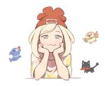  1girl asymmetrical_bangs bangs beanie bird blonde_hair creature gen_8_pokemon grey_eyes hat litten looking_at_viewer medium_hair mizuki_(pokemon) pokemon pokemon_(creature) pokemon_(game) pokemon_sm popplio red_headwear rowlet simple_background ssalbulre upper_body white_background 