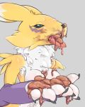  2018 anthro biped blush breasts canid canine digimon digimon_(species) digital_media_(artwork) eating_feces feces female fur linsadesu mammal nude renamon scat simple_background smearing solo standing tongue tongue_out white_body white_fur yellow_body yellow_fur 