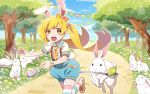  1girl animal_ears blonde_hair bunny bunny_ears bunny_tail easter easter_egg egg fangs long_hair monogatari_(series) monogatari_series_puc_puc oshino_shinobu overall_shorts overalls racing spoon tail thighhighs twintails 