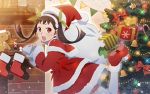  1girl christmas christmas_ornaments christmas_tree gift hachikuji_mayoi hair_ribbon hat lowres medium_hair monogatari_(series) monogatari_series_puc_puc ribbon santa_costume santa_hat solo thighhighs twintails 