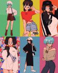  6+girls :d ;) alternate_costume ankle_boots arm_at_side arm_under_breasts bag bangs bare_legs bare_shoulders baseball_cap beanie black_dress black_eyes black_hair black_headwear blue_bag blue_eyes blue_hair blunt_bangs blush boots bra_(dragon_ball) bracelet brown_footwear brown_skirt bulma buttons candy casual character_name choker clothes_writing commentary contemporary cowboy_shot denim denim_shorts dragon_ball dragon_ball_(classic) dragon_ball_gt dragon_ball_z dress earrings english_commentary english_text expressionless eyebrows_visible_through_hair eyelashes fanny_pack fashion fingernails food full_body green_background green_ribbon grey_shirt gummy_bear gun hair_between_eyes half-closed_eyes hand_in_hair hand_on_hip hand_on_own_chin hand_on_thigh handgun happy hat heart heart_background highres hime_cut jeans jewelry kararai_raika lace legs_apart light_smile long_dress long_hair long_sleeves looking_at_viewer looking_away mai_(dragon_ball) midriff milk_carton multiple_girls navel off_shoulder one_eye_closed open_mouth orange_nails oversized_clothes pan_(dragon_ball) pants parted_lips pink_ribbon pistol polka_dot polka_dot_background pom_pom_(clothes) pom_pom_earrings red_background red_shirt ribbon shadow shiny shiny_footwear shiny_hair shirt short_hair shorts signature simple_background skirt smile standing straight_hair striped striped_background sweater sweets thigh_strap thighhighs turtleneck turtleneck_sweater twintails v-shaped_eyebrows very_short_hair videl weapon white_footwear white_headwear white_sweater yellow_background 