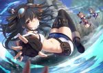  3girls bare_shoulders black_hair black_legwear blue_eyes blurry_foreground blush breasts brown_hair closed_mouth commentary_request day eyebrows_visible_through_hair fantasy fingerless_gloves four_goddesses_online:_cyber_dimension_neptune gloves goggles goggles_on_head hair_ornament long_hair looking_at_viewer midriff mizunashi_(second_run) multiple_girls navel neptune_(series) one_eye_closed open_mouth outdoors outstretched_arm ram_(neptune_series) red_eyes revision rom_(neptune_series) short_hair siblings sisters small_breasts thighhighs twins two_side_up uni_(neptune_series) 