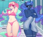  absurd_res anthro big_breasts bra breasts chest_tuft cleavage clothed clothing duo equid female friendship_is_magic hi_res horn mammal my_little_pony panties princess_celestia_(mlp) princess_luna_(mlp) sibling sister sisters towel tuft underwear unicorn xjenn9 