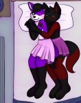  anthro bed bottomwear canid canine canis clothing cuddling domestic_dog elkhound furniture girly male mammal pawalo sarou skirt spitz wolf zombineko 