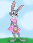  2016 anthro barefoot cheek_tuft clothed clothing cloud disney dress egg facial_tuft female full-length_portrait fully_clothed fur grass grey_body grey_fur hi_res holding_basket judy_hopps lagomorph leporid lilifox looking_at_viewer mammal outside pink_nose portrait purple_eyes rabbit sky smile solo standing tuft white_body white_fur zootopia 