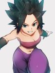  1girl arms_at_sides baggy_pants bangs bare_arms bare_shoulders black_eyes black_hair breasts caulifla cleavage clenched_teeth collarbone dragon_ball dragon_ball_super eyelashes from_above grey_background grin kemachiku leg_up looking_at_viewer looking_up medium_breasts midriff navel outstretched_arms pants pink_tubetop purple_pants shaded_face shiny shiny_hair shiny_skin short_hair simple_background smile solo spiked_hair strapless teeth tubetop v-shaped_eyebrows wristband 