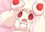  2019 alcremie blurred_background female food food_creature fruit goo_creature hand_on_face mori_no_kaeru motion_blur motion_lines nintendo open_mouth pink_background plant pok&eacute;mon pok&eacute;mon_(species) reaction_image red_eyes simple_background solo strawberry video_games 