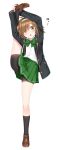  1girl :o ahoge arms_up bangs bike_shorts black_jacket black_legwear black_shirt blazer blush bow bowtie brown_footwear brown_hair collared_shirt commentary_request dress_shirt eyebrows_behind_hair green_eyes green_neckwear green_skirt hair_over_one_eye hairband haru_(kuzuyu) highres jacket kneehighs komori_kuzuyu leg_up loafers long_sleeves looking_at_viewer open_blazer open_clothes open_jacket open_mouth original pleated_skirt ribbed_legwear shirt shoes short_sleeves shorts shorts_under_skirt simple_background skirt solo split standing standing_on_one_leg standing_split translation_request white_background white_hairband white_shirt 