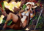  2018 5_fingers anthro black_nose breasts cervid clothed clothing detailed_background female feral fingers flower forest green_eyes group hair handbag hi_res hooves jewelry mammal markings melee_weapon mouse murid murine navel necklace plant rodent sitting smile solo_focus spirale sword thick_thighs tree weapon white_hair wide_hips 