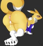  after_sex anus blue_eyes blush bodily_fluids breasts butt canid cum cum_in_pussy cum_inside digimon digimon_(species) female genital_fluids genitals grey_background hi_res mammal phylloaurea pussy renamon simple_background solo 