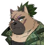  2020 anthro brown_body brown_fur canid canine canis clothed clothing cute_fangs domestic_dog fur male mammal portrait rossciaco scar shirt simple_background solo tokyo_afterschool_summoners topwear video_games yasuyori 